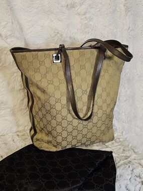 Gucci Vintage Monogram Tote Bag in Beige with Brown Trim
